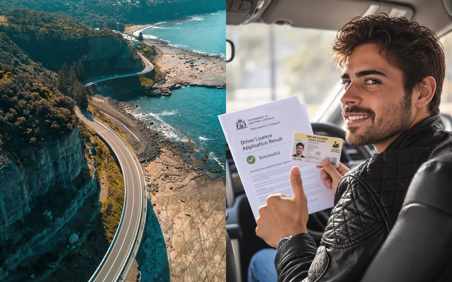 Strada costiera sopra l'oceano e una persona con una patente di guida dell'Australia Occidentale approvata